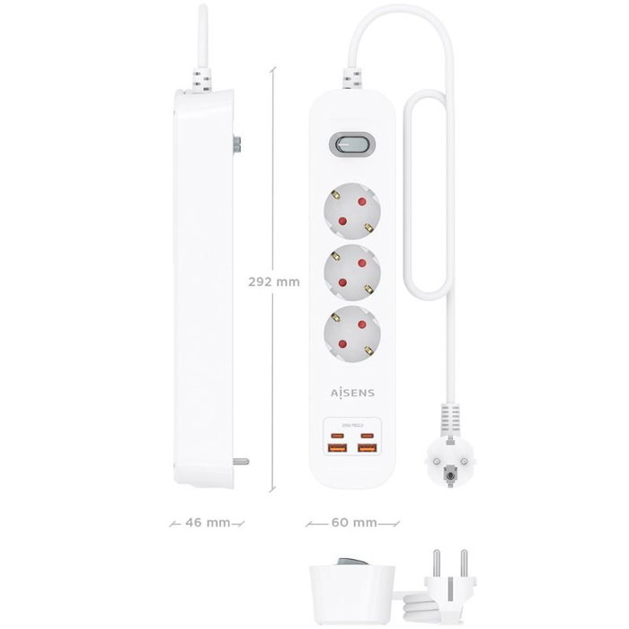 AISENS Regleta de Enchufes Multifunción 3 Tomas + Cargador PD3.0 20W Blanco